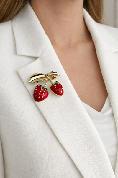 Modex Altın Sarısı Kırmızı Beyaz Mineli Çilek Broş (3cm)