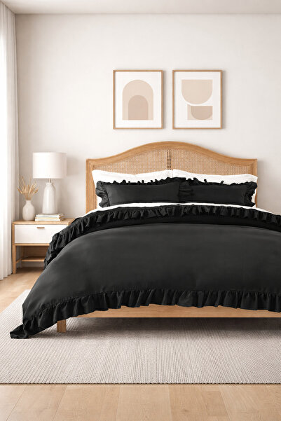 RİTMOHOME Farbalalı / Fırfırlı %100 Pamuklu Siyah Vintage King Size Battal Bo...