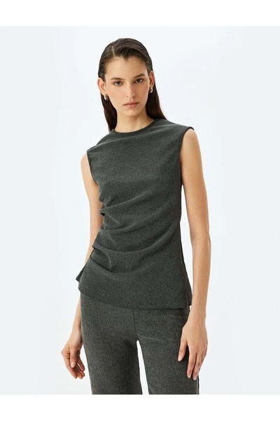 Koton Rundhalsausschnitt, drapiertes, detailliertes, asymmetrisches, ärmellos...