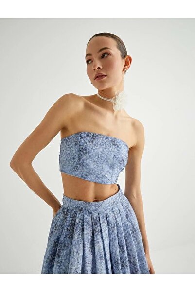 Koton Crop Strapless Top Floral Scalloped Slim Fit 4Sak30096Ew Blue Patterned