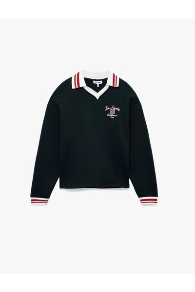 Koton ملابس نسائية مطرزة بأكمام طويلة مبطن بالصوف وياقة بولو قصة فضفاضة سويت ...