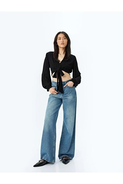 Koton Langärmlige, geknöpfte Viskose-Crop-Bluse mit Schnürung vorne