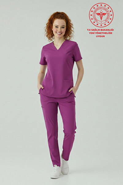 HEMİ Ebe Uniform Purple Scrubs Stretch Fabric Set Ministry of Health Compatib...