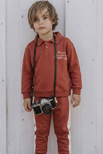 Cigit Yakalı Nakış İşlemeli Sweatshirt Takım 2-10 Yaş Kiremit