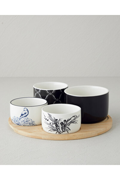 English Home Floral Grace Stoneware 5 Parça Sunumluk 25 cm Siyah - Beyaz