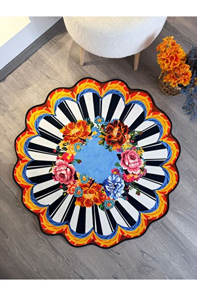 RUGSMODERN Mira Floret 2091 Blue Çiçek Dama Desen Siyah Beyaz Halı