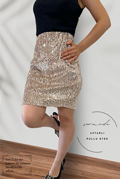 lil amore Pullu & Astarlı Pullu Mini Etek - 47 cm Uzunlukta Abiye Etek Likral...