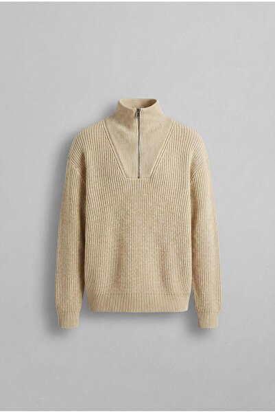 ablukaonline Pulover tricotat pentru bărbați bej - cu jumătate de fermoar