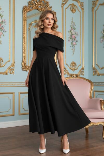 Mossta Rochie midi din crep plisat cu decolteu asimetric - Bleumarin