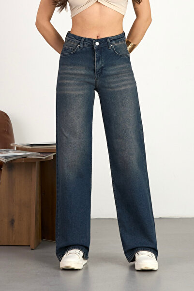 alanora Kadın Yüksek bel Soluk Efektli Vintage Palazzo Jeans