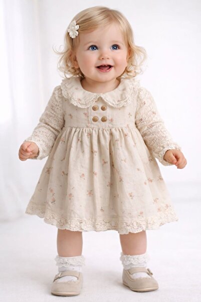RAPAPA Girl's Lace Detailed Floral Patterned Girl's Dress - Ecru-1305