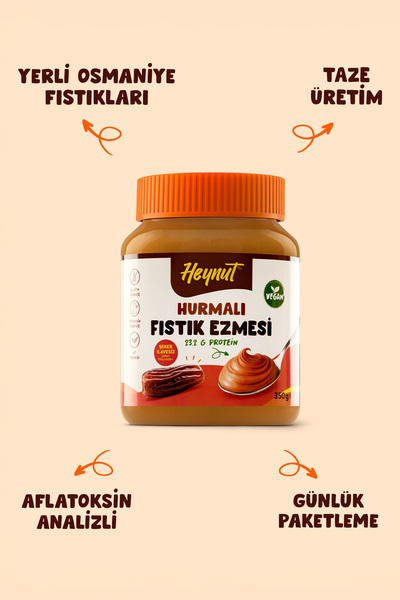 HEYNUT Hurmalı Fıstık Ezmesi 350 g Şeker İlavesiz Katkısız Glutensiz Vegan Yüksek Protein