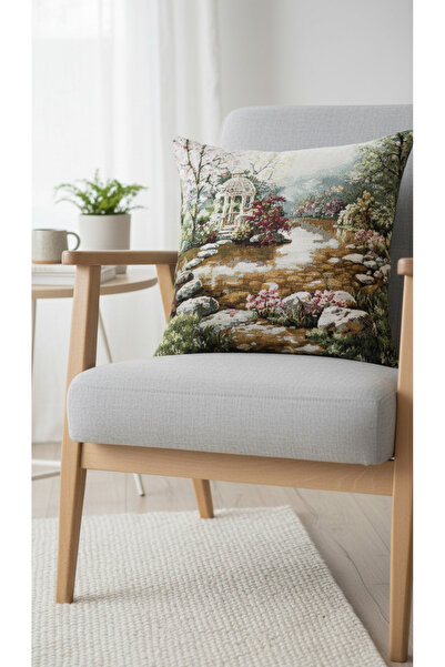 Tropikhome Goblen Göl Manzaralı Dokuma Çift Taraflı Kırlnet 45x45 cm