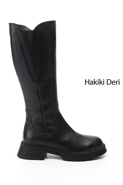 GÖNDERİ(R) Kadın Siyah Fermuarlı Kalın Topuklu Hakiki Deri Çizme