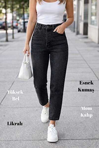 CEDY DENIM Mom Fit Jean Boyfriend Strih s vysokým pásom Flexibilné antracitov...