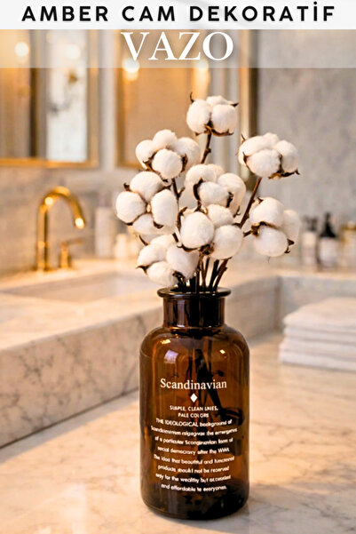 Penthouse Amber Cam Dekoratif Vazo Scandinavian+Pamuk Çiçeği Hediye