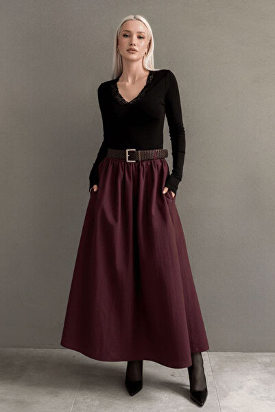 Seeh Fusta lungă pentru femei cu centură burgundy SH337