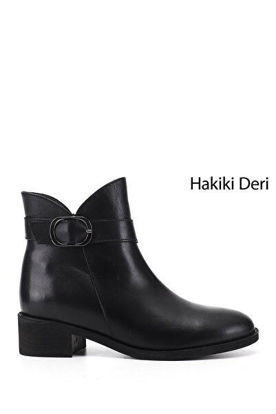GÖNDERİ(R) Women's Black Zippered Thick Heeled Genuine Leather Boots