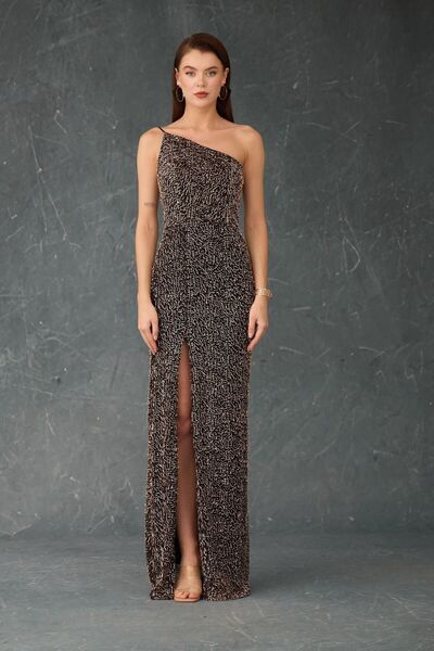 Carmen Black Gold One Shoulder Slit Sequined Evening Dress