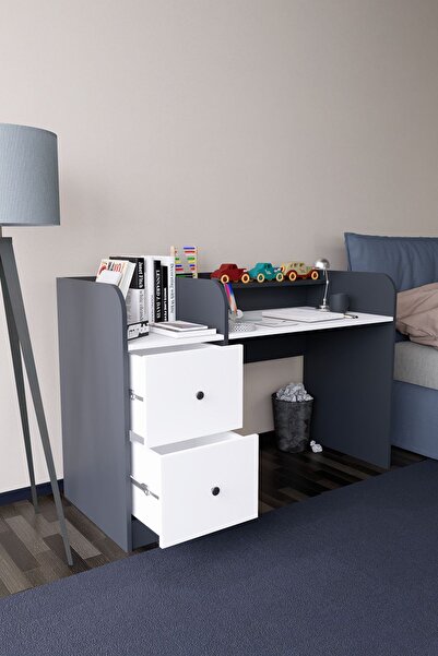 Mirobi Tilup Çalışma Masası Antrasit-Beyaz Çocuk Odası Çalışma Masası Çekmeceli