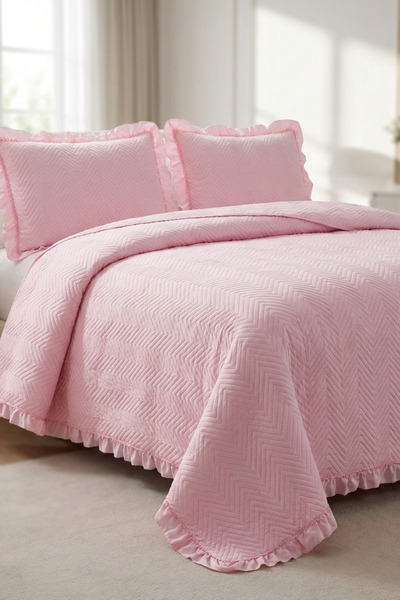 GOLDEN HOME Dubai Pink Jacquard Ruffled Luxury Double Bedspread Set Pique Qui...