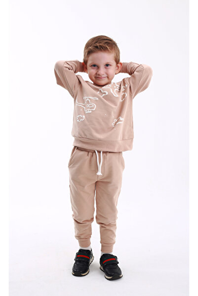 BOBBY JR KİDSWEAR Set pentru băieți Elicopter Avion cu imprimeu Maro lăptos