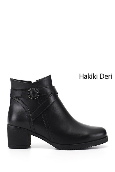 GÖNDERİ(R) Women's Black Zippered Thick Heeled Genuine Leather Boots