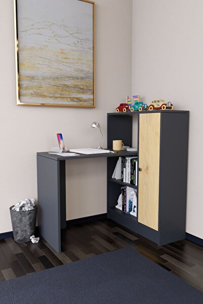 Mirobi Drithe Modern Dolaplı Kitaplıklı Çalışma Masası Antrasit-Çam