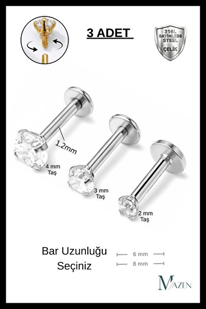 MAZEN 3 Adet Cerrahi Çelik Taşlı Tragus, Helix, Dudak, Kıkırdak Piercing ( Ba...