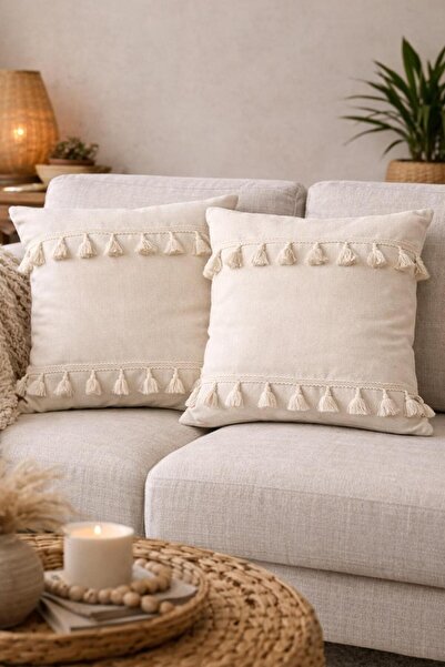 bufidik Husă de pernă dublă cu ciucuri, stil boem, din in, 43x43, set de două