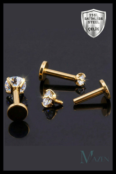MAZEN Kısa Barlı ( 6mm ) Cerrahi Çelik Taşlı Piercing, Tragus Tekli Gold Renk (Taş Ebat Seçiniz)
