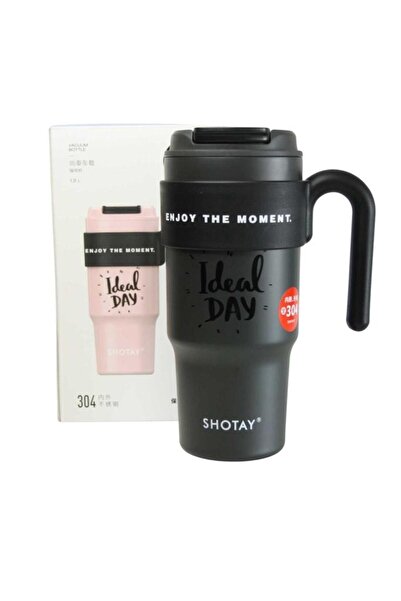 Shotay ST-8917 Çift Kullanım Pipetli/Rahat İçim Siyah 1000ml Çelik Matara