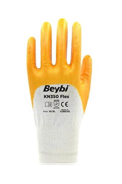 Beybi Pamuk Nitril PMK KN350 Flex 9 Beden Eldiven 12li Paket Beyaz Sarı EN388...