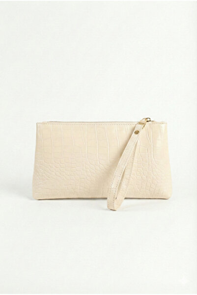 PurpleART Kadın Krem Kroko Pörtföy El Çantası Croco