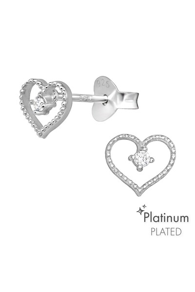 OEM 925 Silver Earrings - Heart with zirconia stone, Rhodium plated, Screw ty...