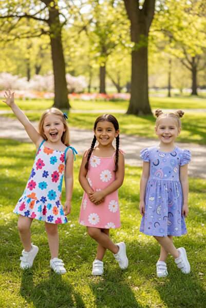 minikiss Rochie din 3 piese pentru fete din țesătură din lycra imprimată de vară