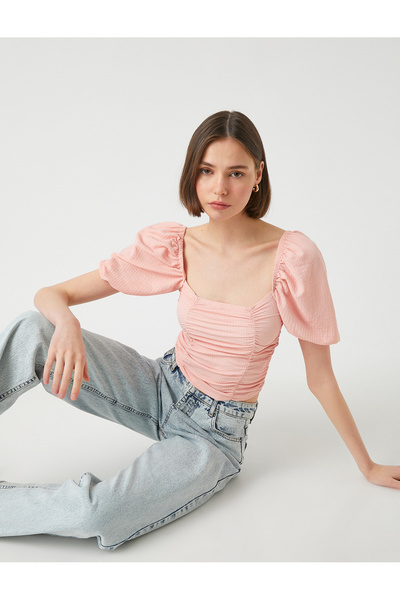 Koton Λεπτομερής μπλούζα με μανίκι με μπαλόνι με λαιμόκοψη