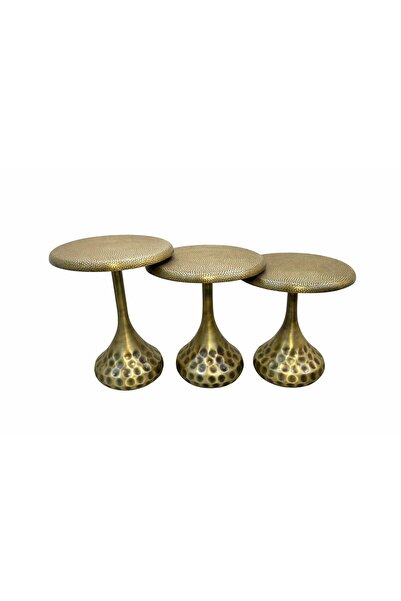 Valda 3’lü Fırçalı Gold Dövme Demir Modern Yan Sehpa Seti