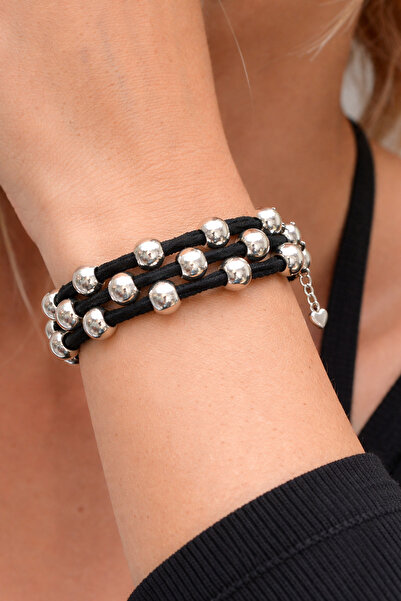 Kutcha Accessories Handmade Suede String Silver Beaded Bracelet – Black & Whi...