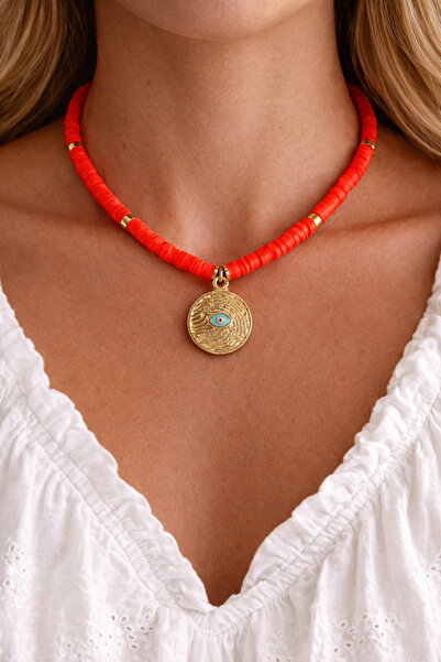 HERCY قلادة فيمو برتقالية نيون مع تفاصيل للعين |   قلادة العين الشريرة |   قل...
