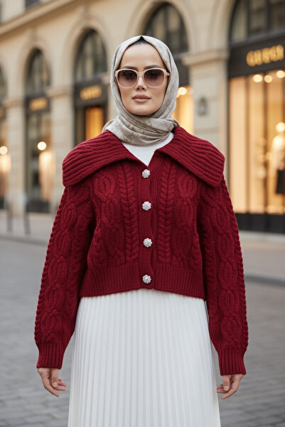 ASEL FASHİON Burgundy Thick Knitwear Cardigan - Knotted Knitted