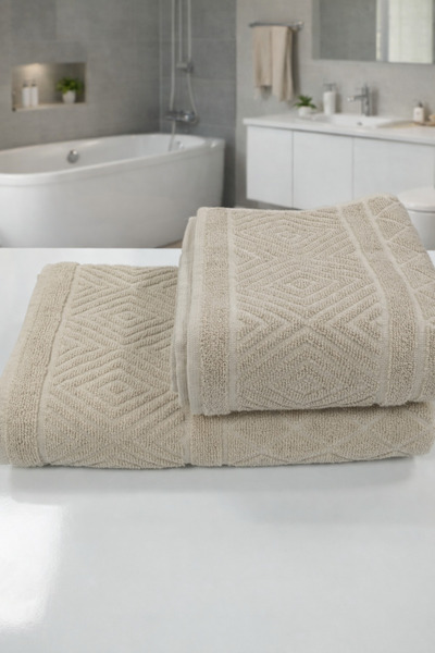 Bambus 2'li %100 Pamuklu Geometrik Desenli Banyo Havlusu Seti /90x150 Banyo H...