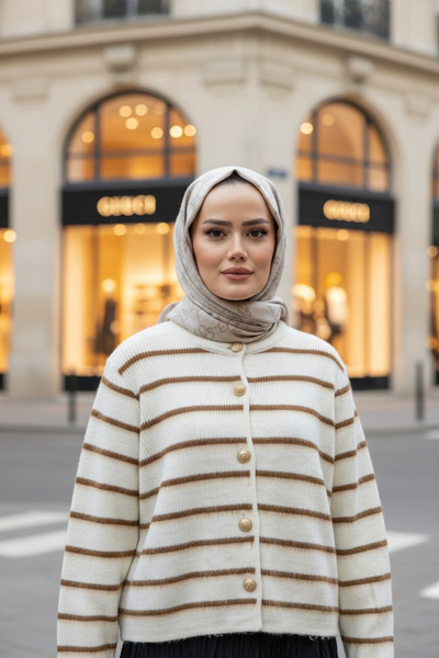 ASEL FASHİON Düğmeli Premium Çizgili Yumoş Triko Hırka Kahve