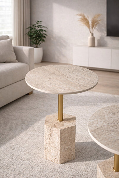 CAVARİOR MOBİLYA 3'Lü Zigon Altıgen Form Orta Sehpa Modern Traverten Mermer D...