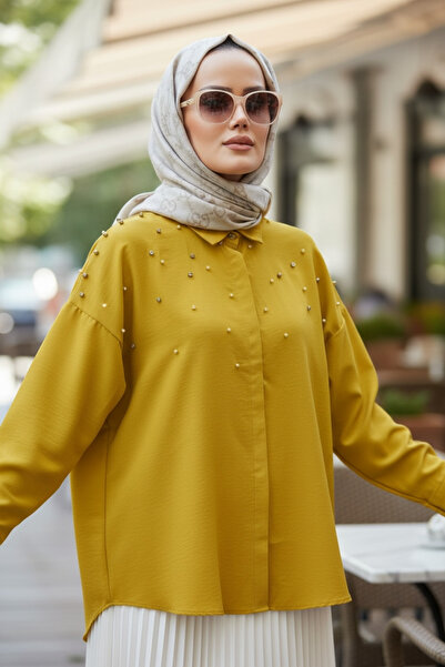 ASEL FASHİON İncili Taşlı Dokuma Gömlek Sarı