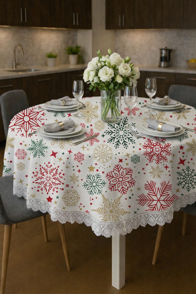 Rona Home Stain-Resistant Duck Fabric Snowflake Pattern Round Tablecloth - Lu...