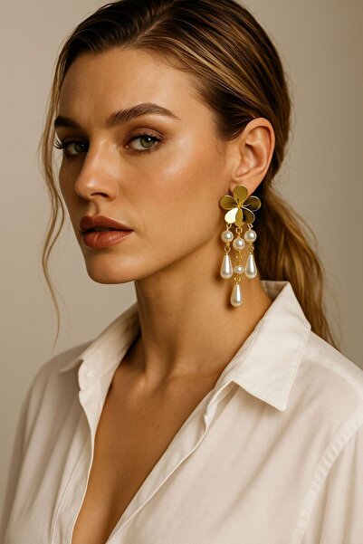 HAZAL KAYA ATELIER Gold İncili Sarkıtlı Yonca Kadın Küpe