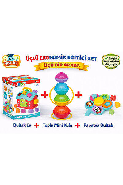 DEDE 3’lü Bebek Gelişim Seti 4 | Papatya Bultak + Bul-Tak Ev + Toplu Mini Kule