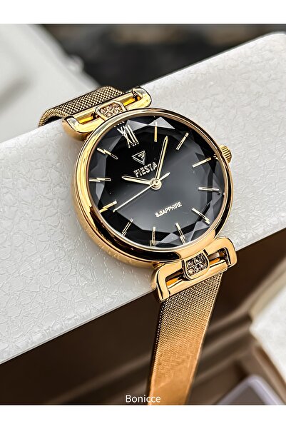 Fiesta ساعة يد نسائية سوداء اللون من الفولاذ باللون الذهبي الأصفر هدية للحبيب