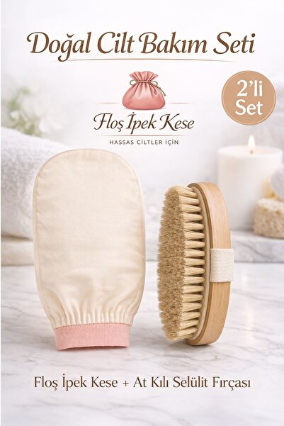 Kitchen Beauty 2’li Set Ekru Banyo Duş Kesesi Peeling Eldiveni %100 Floş Ipek...